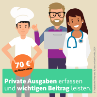 Hier befindet sich die Grafik "Private Ausgaben erfassen und wichtigen Beitrag leisten." 70€ als Dankeschön